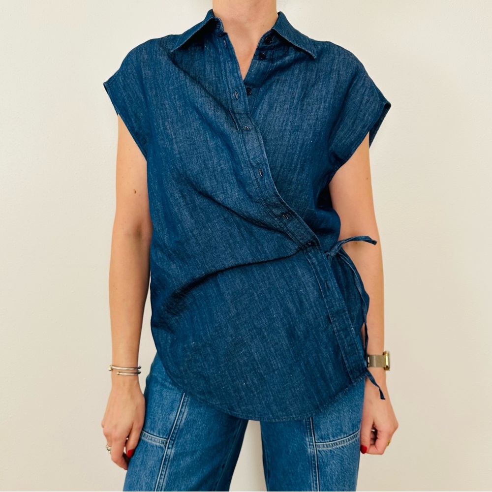 COS Dark Blue Wrap Denim Short-Sleeve Button-Down Top
